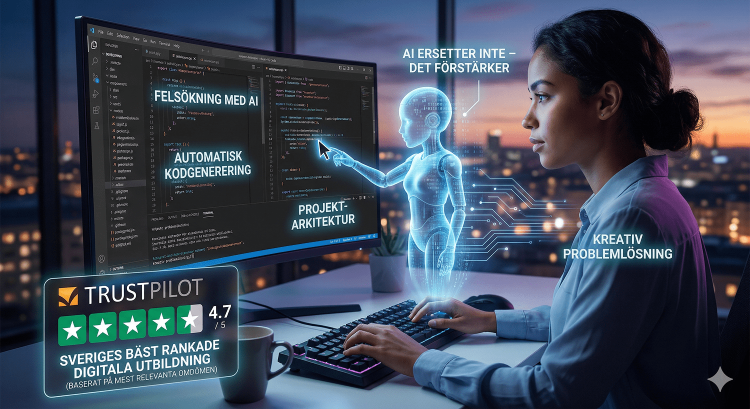 En visuell guide om ifall AI ersätter programmerare 2026, visar samarbete mellan människa och kod-assistent. Academy Lär Mig Koda har 4,7 av 5 på Trustpilot.