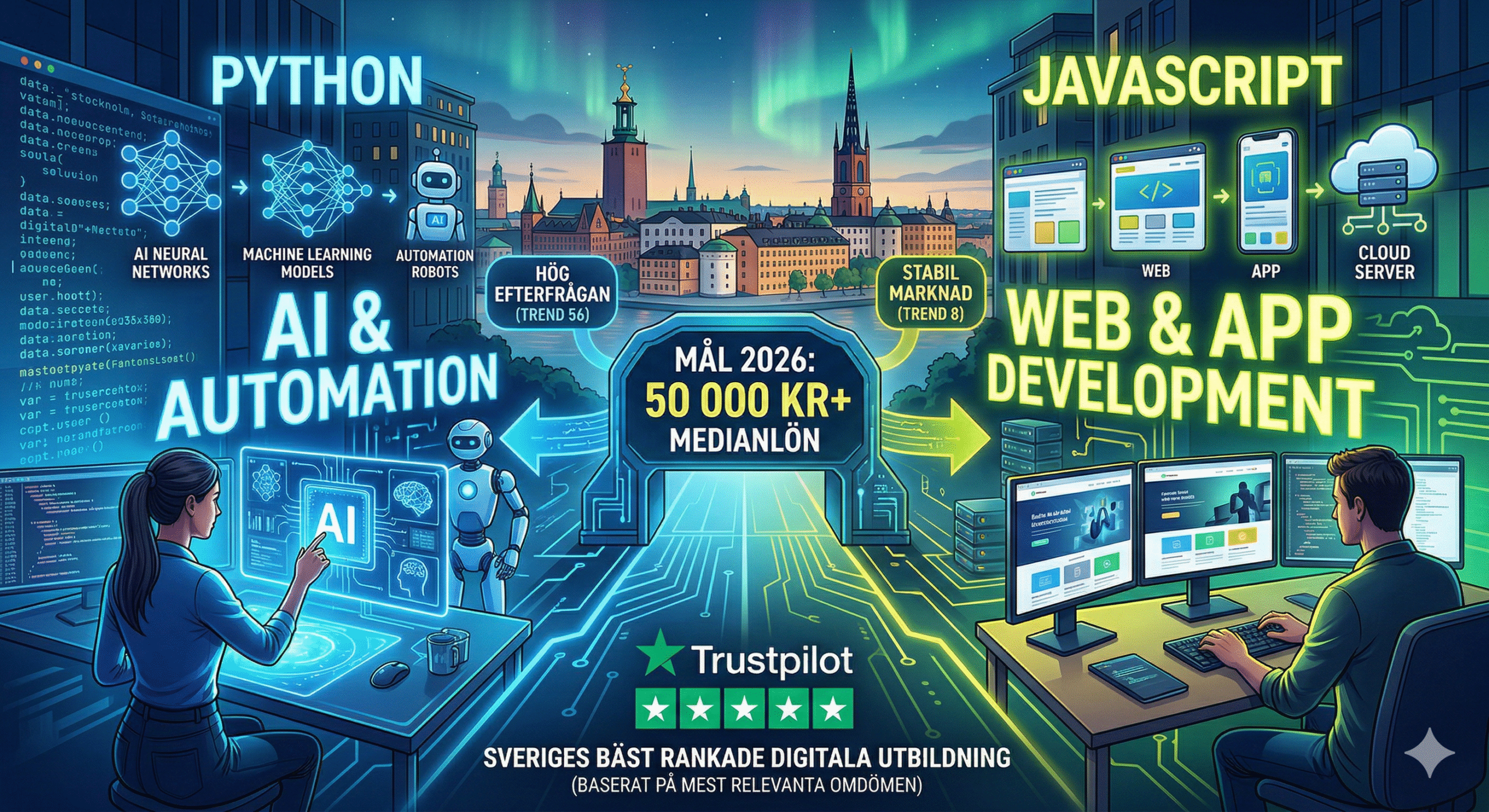 En grafisk karriärguide som jämför Python eller JavaScript 2026, visar efterfrågan inom AI och Webb, och hur Academy Lär Mig Kodas praktikplatser hjälper dig nå medianlönen på 50 000 kr. Bäst på Trustpilot!